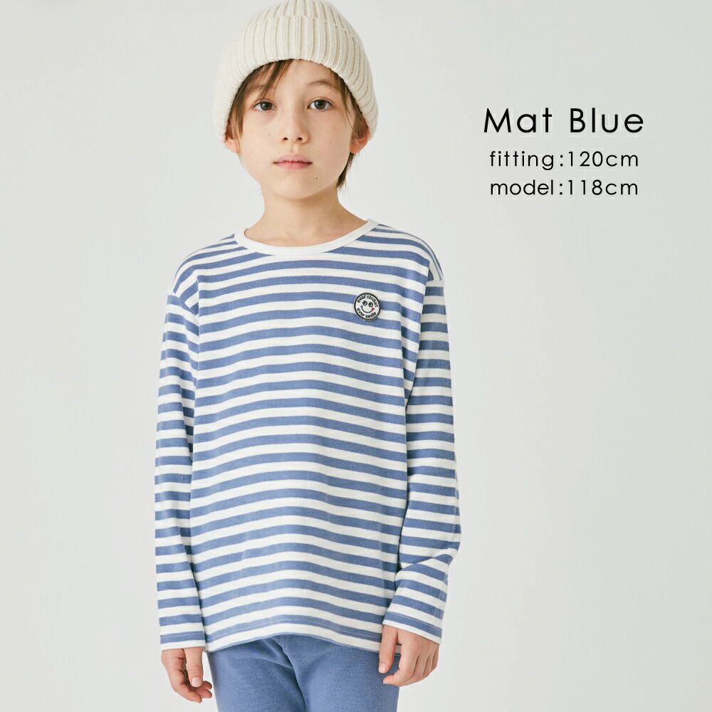 日本 evercloset - 定番條紋純棉長袖上衣-笑臉徽章-海軍藍