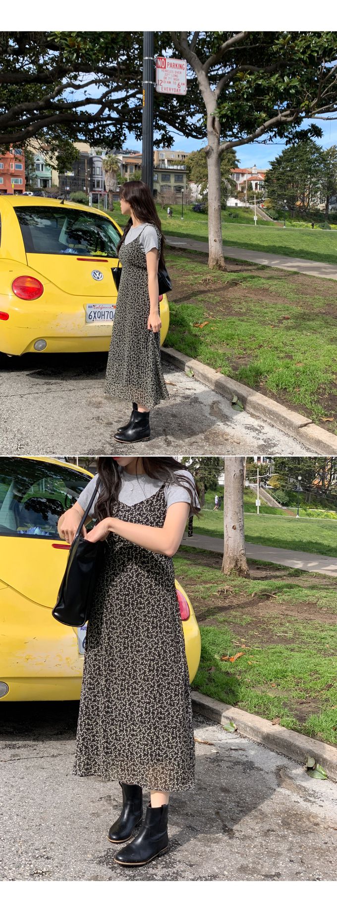 韓國 98doci - 碎花飄逸V字綁帶連身洋裝-天空藍