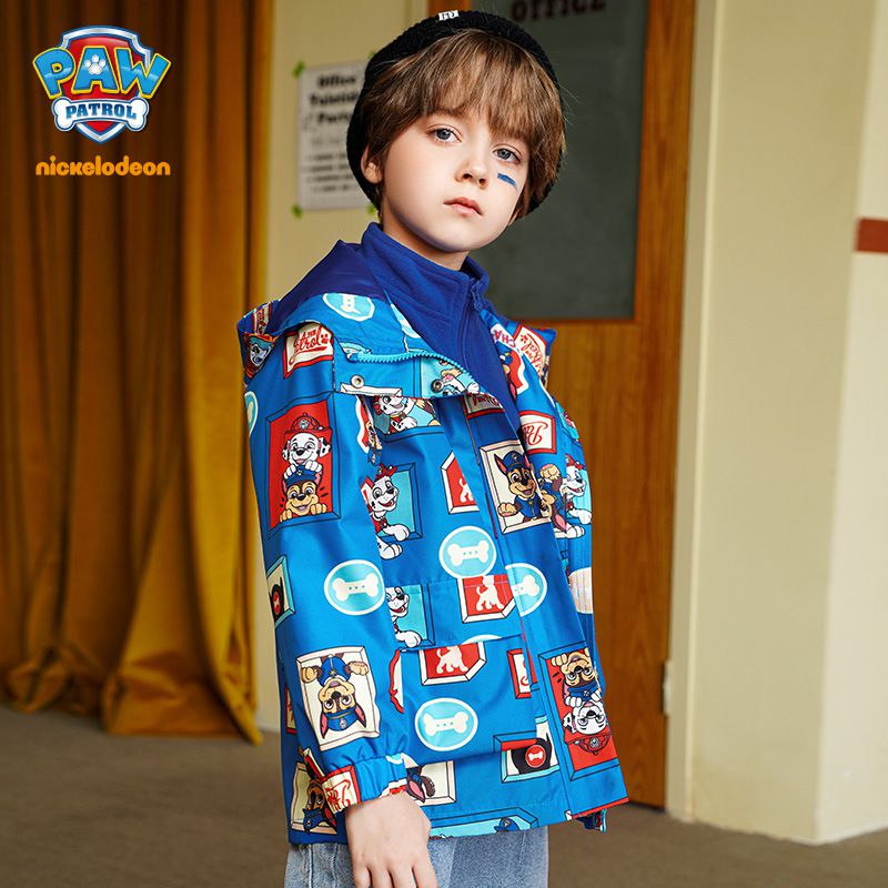 卡通汪汪隊連帽滿印衝鋒外套(單件入）-卡通人物阿奇+毛毛-紅色-不含搖粒絨內著