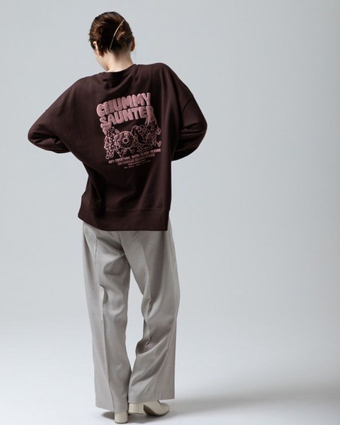 日本 gleam - 裏毛寬版甜點好友印花大學T-咖啡x粉紅