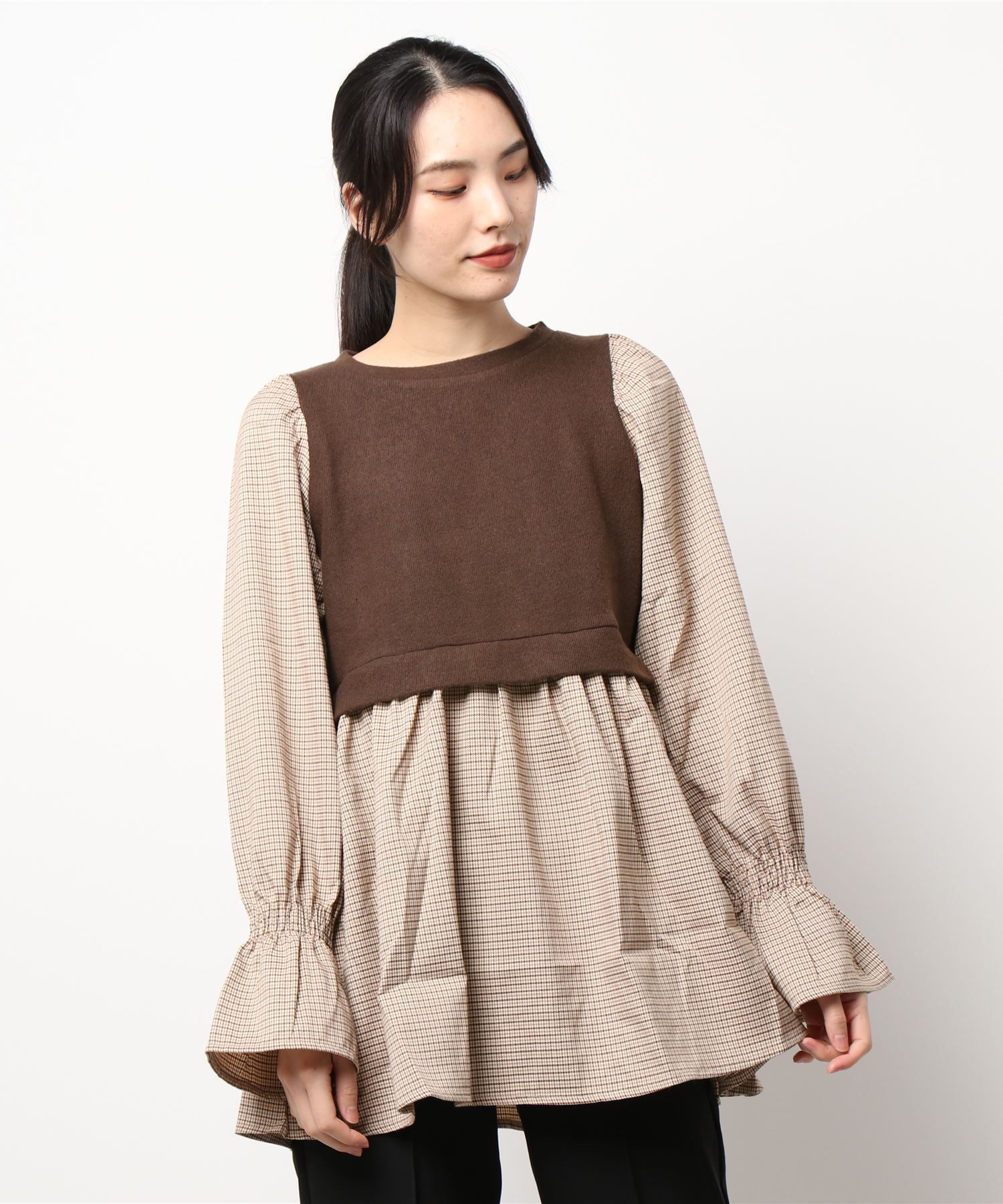 日本 Riche Glamour - 假兩件造型 小格紋長袖X背心-黑