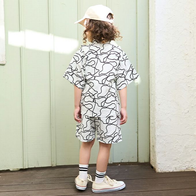 日本 b-ROOM - 100%棉 夏季甚平套裝-線條-白