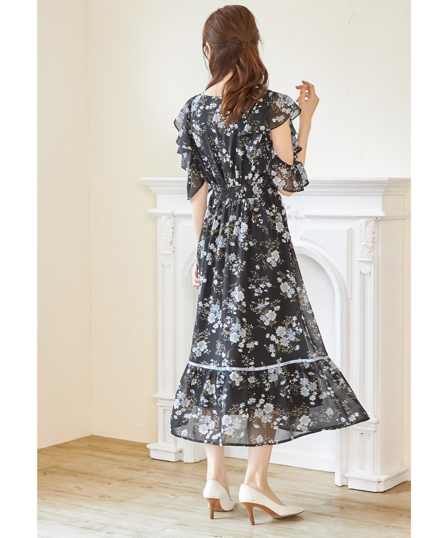 日本 tocco-closet - 精靈荷葉開袖雪紡洋裝-碎花-天使白