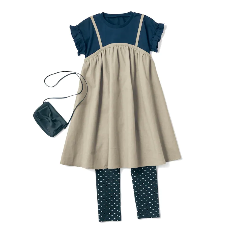 日本千趣會 - 假兩件吊帶棉麻透氣荷葉袖洋裝-條紋x卡其