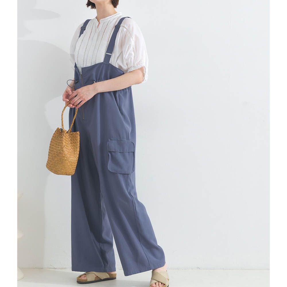 柔軟可愛抽繩束腰工裝風吊帶褲-灰藍