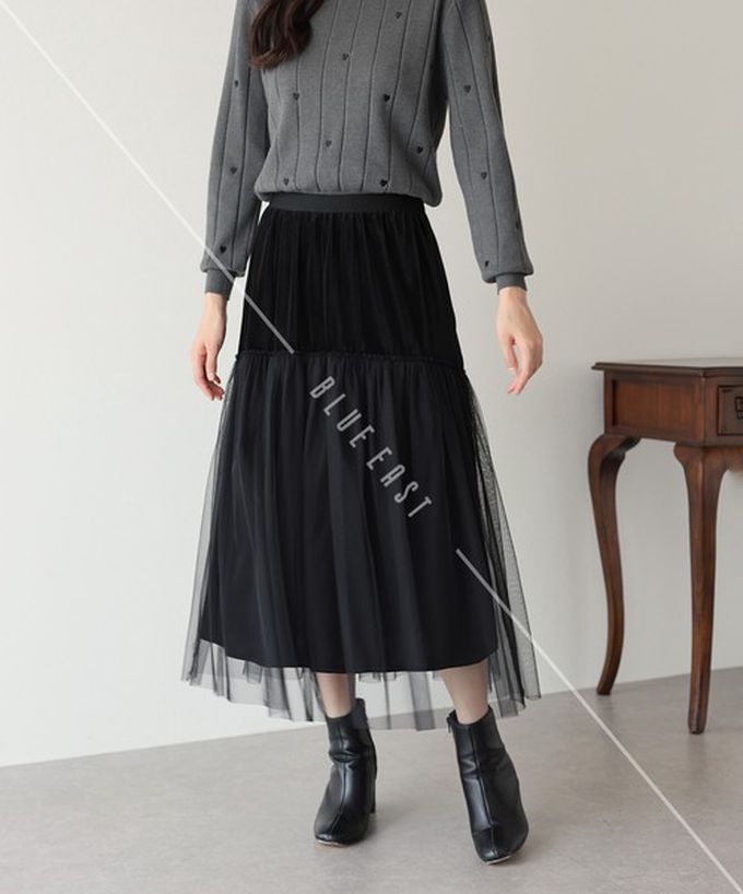 日本 BLUE EAST - 薄紗絲絨拼接飄逸長裙-(可選長度)-深藍