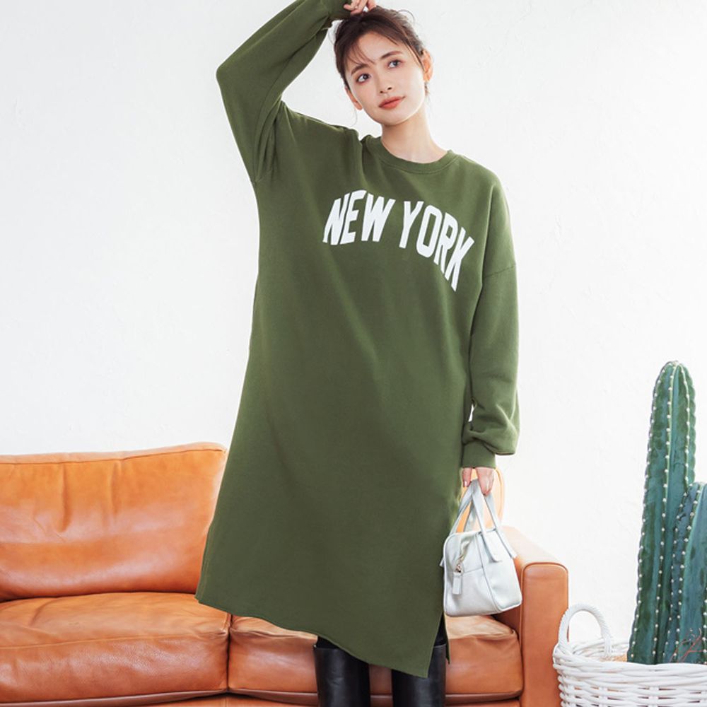 日本 COCA - NEW YORK 純棉印花長袖洋裝-墨綠