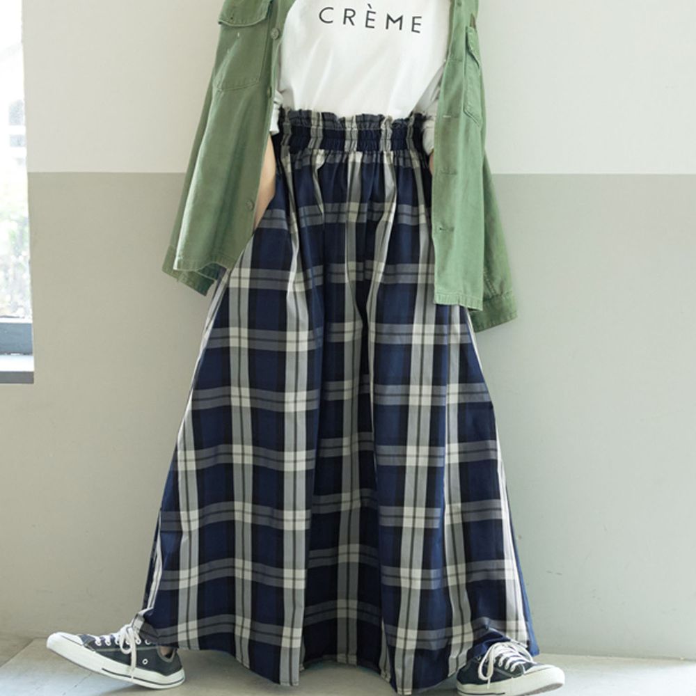 日本 COCA - 寬鬆格紋口袋長裙-藍 (［Short］長89.5cm)