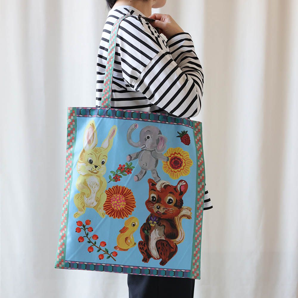 歐風童趣印花托特包/可折疊購物袋-松鼠-水藍