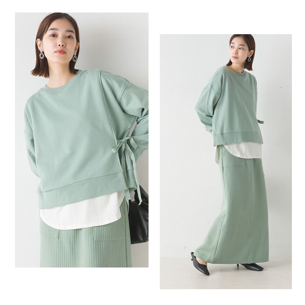 日本 OMNES - 100%棉 側綁帶百搭大學T-黑