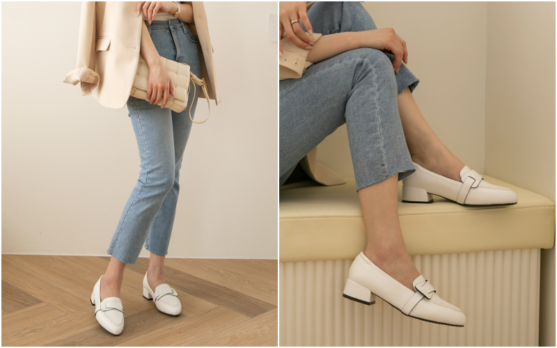 韓國 PINKELEPHANT - 毛邊縫紋路低跟包鞋(3.5cm)-杏