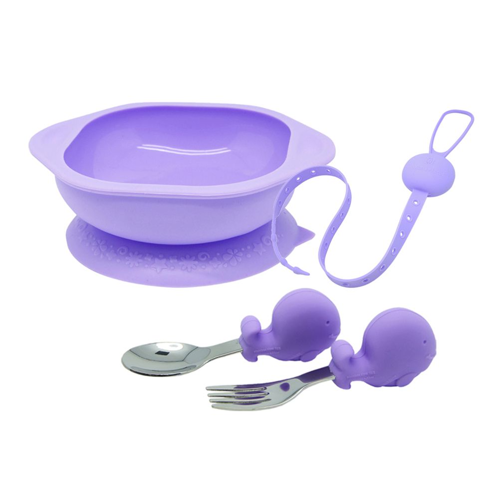 MARCUS＆MARCUS - 好好吃飯學習餐具組(吸盤碗+握握叉匙+防掉帶)-紫鯨魚