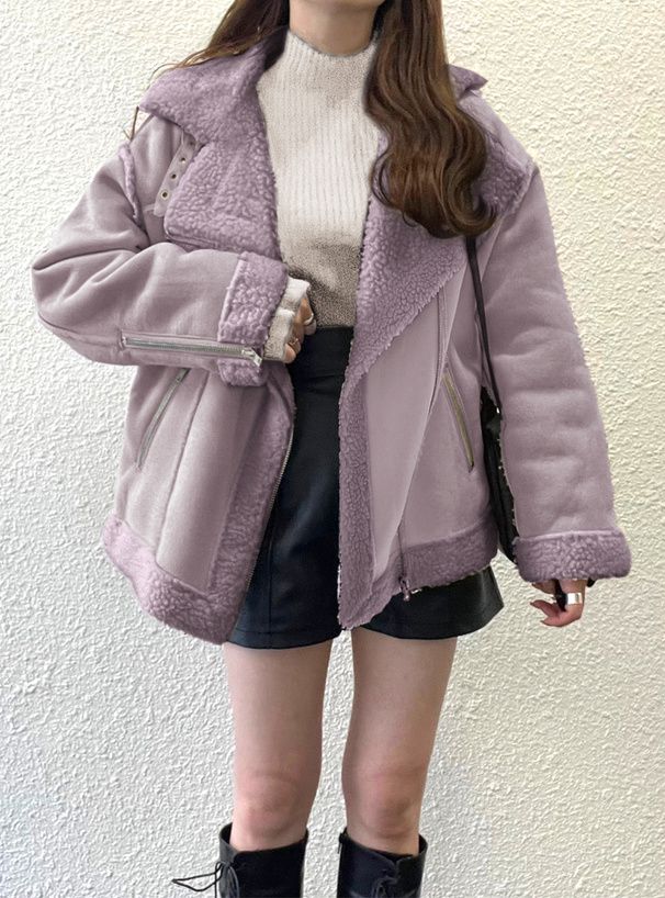 日本 GRL - 羊羔絨拼接寬版騎士夾克/外套-粉紫