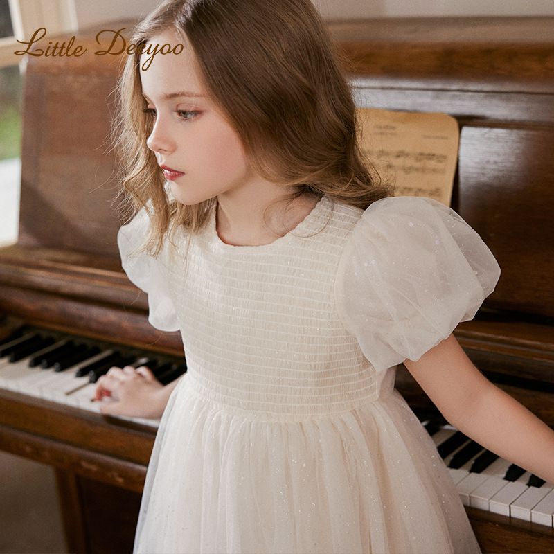 Little Deeyoo - 小仙女花苞袖亮片網紗連身洋裝-米杏色