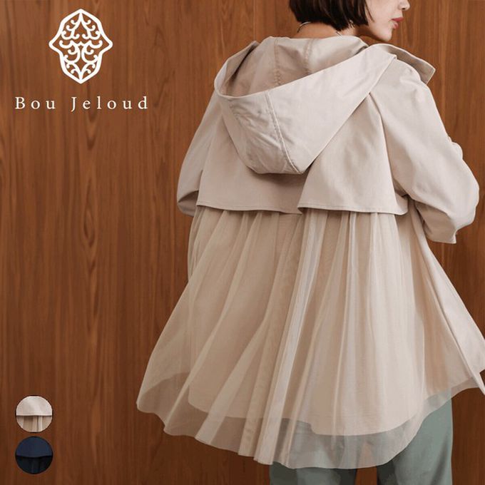 日本 Bab - [人氣款]背後皺摺薄紗連帽風衣外套-海軍藍