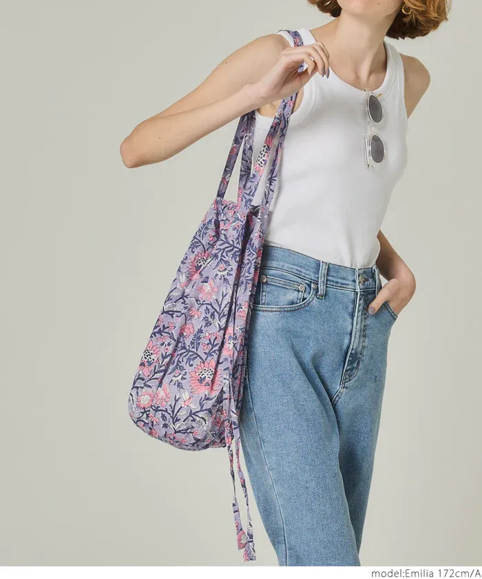 日本 COCA - 100%印度棉木刻版印刷抽繩托特包/購物袋-粉紫