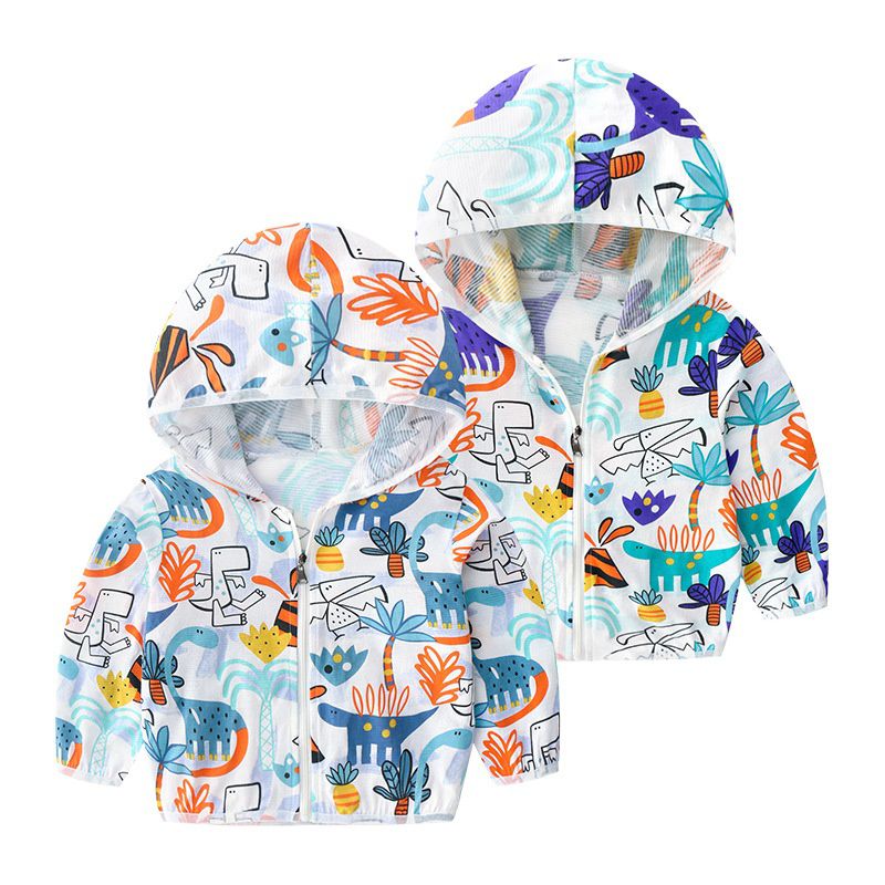 純棉連帽防曬外套/空調外套-彩繪恐龍世界-白色