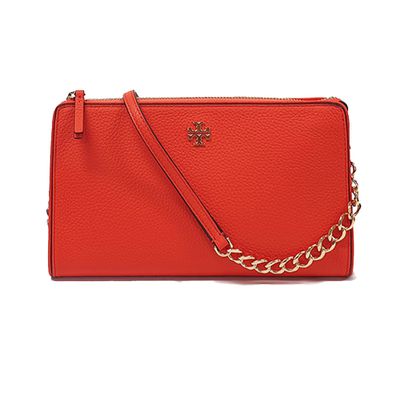 TORY BURCH - 雙T-LOGO皮革拉鍊斜背包 (紅)