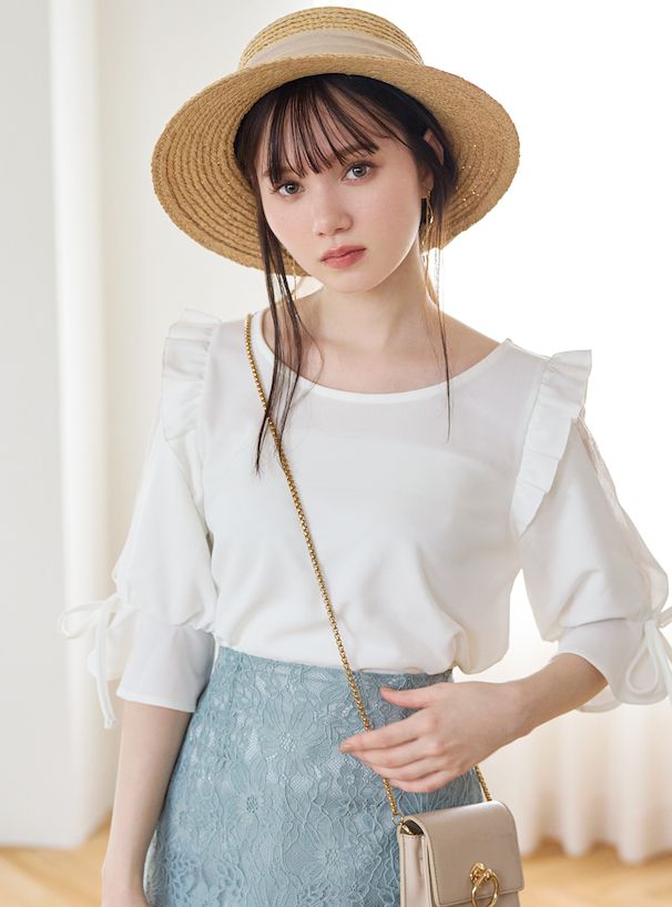 日本 GRL - 甜美蕾絲拼接短袖上衣-星塵藍