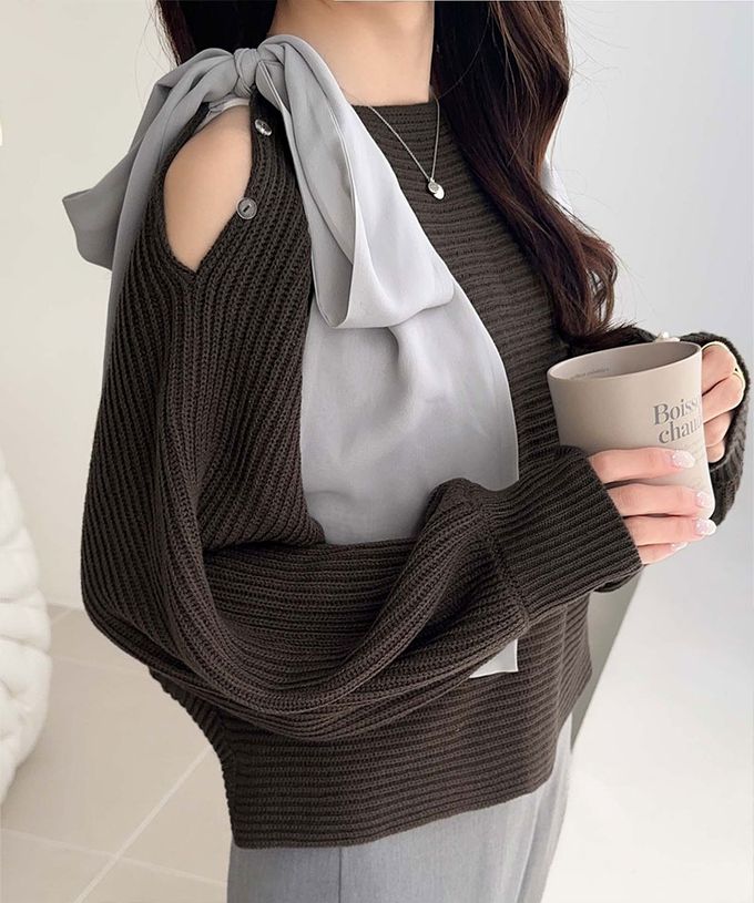 日本 Classical Elf - mily bilet 露肩甜美大蝴蝶結羅紋開襟衫-藕粉