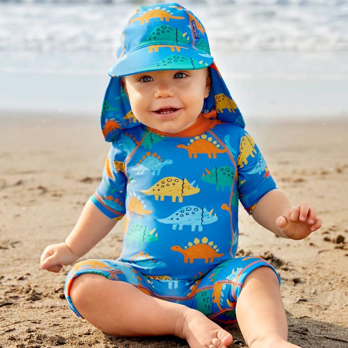 英國 JoJo Maman BeBe - 嬰幼兒/兒童泳裝戲水UPF50+防曬護頸遮陽帽-恐龍圖鑑