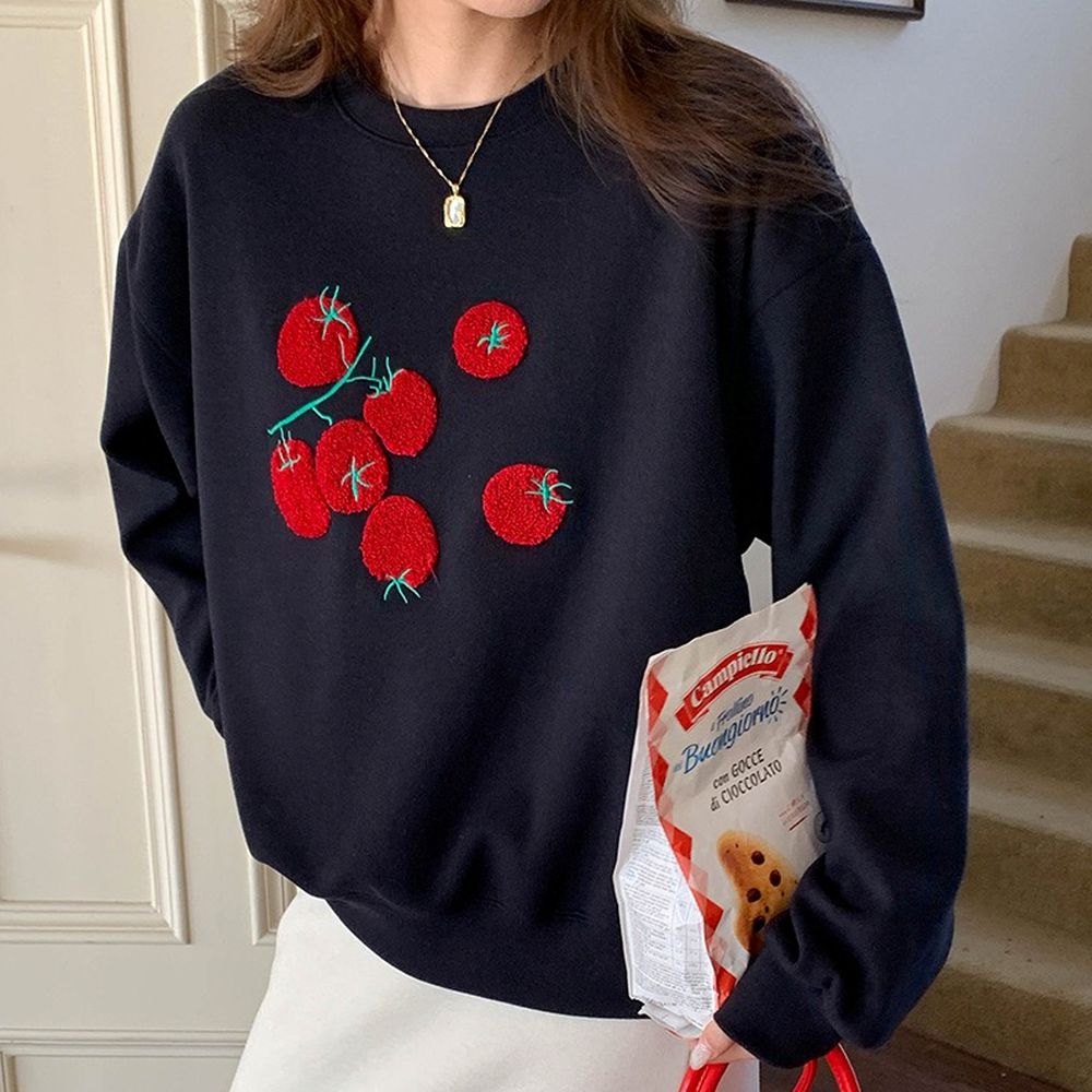 毛巾繡小蕃茄點綴長袖大學T-藏青 (F)