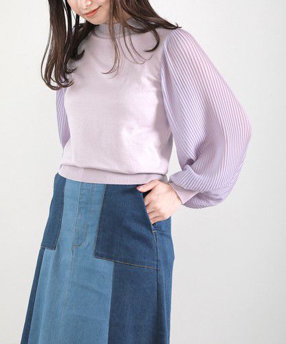 日本 Bou Jeloud - 異材質拼接百摺長袖上衣-萊姆黃