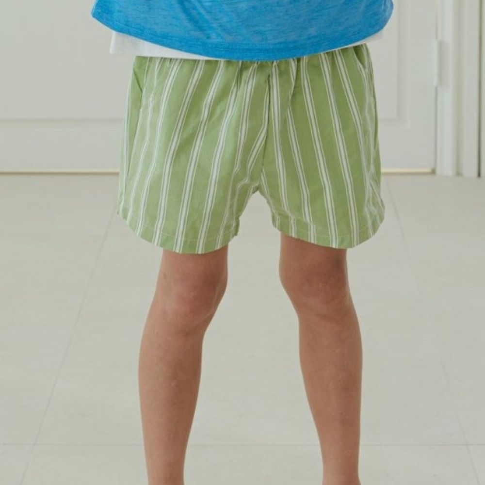 ERINJ 鬆緊腰清爽直紋純棉短褲-綠