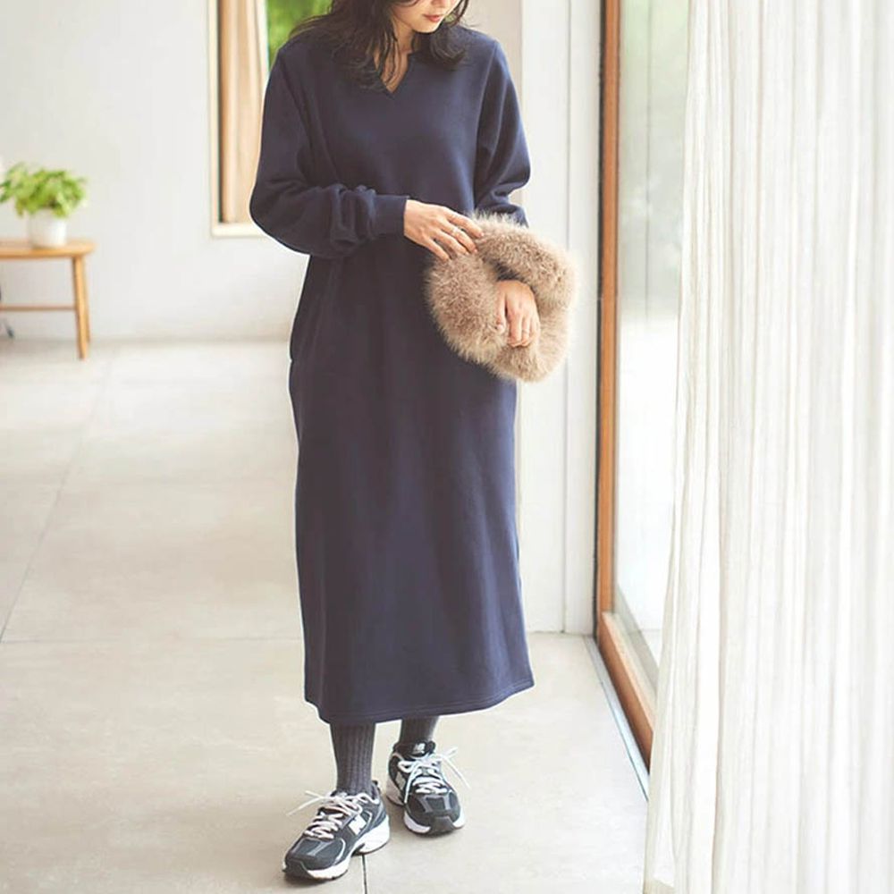 極上溫暖 裏起毛鑰匙領休閒長袖洋裝-靛藍