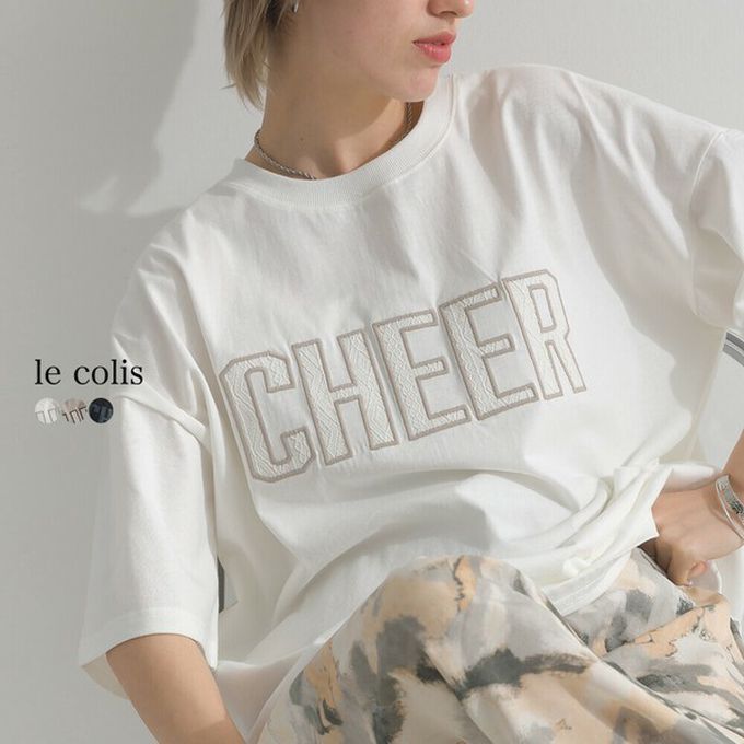 日本 le colis - 天竺棉蕾絲CHEER落肩短袖上衣-灰棕