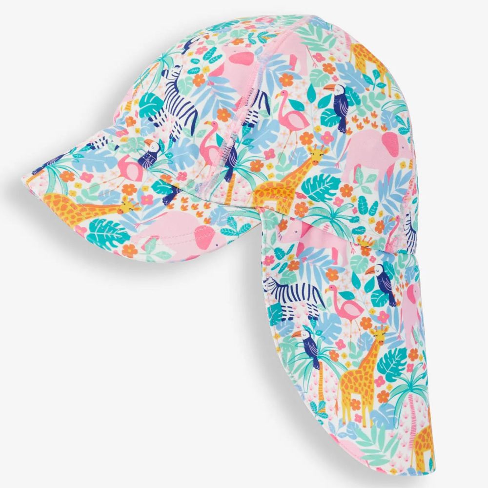 英國 JoJo Maman BeBe - 嬰幼兒/兒童泳裝戲水UPF50+防曬護頸遮陽帽-七彩花園