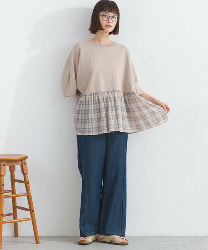 日本 Lupilien - 接觸涼感 可愛格紋休閒五分袖上衣-橘