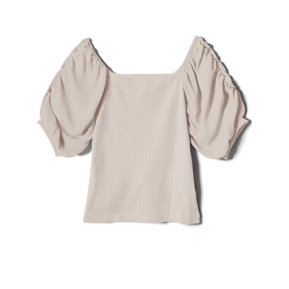 日本 GRL - 異材質拼接美背綁帶抓皺短袖上衣-氣質米 (M)
