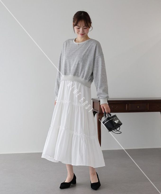 日本 BLUE EAST - 俏麗假二件分層澎盈長袖洋裝-淺灰 (M)