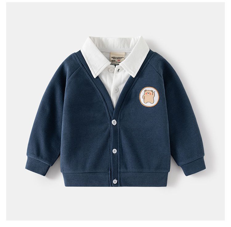 WELLKIDS - 假兩件翻領長袖開衫上衣-排球熊熊-灰色