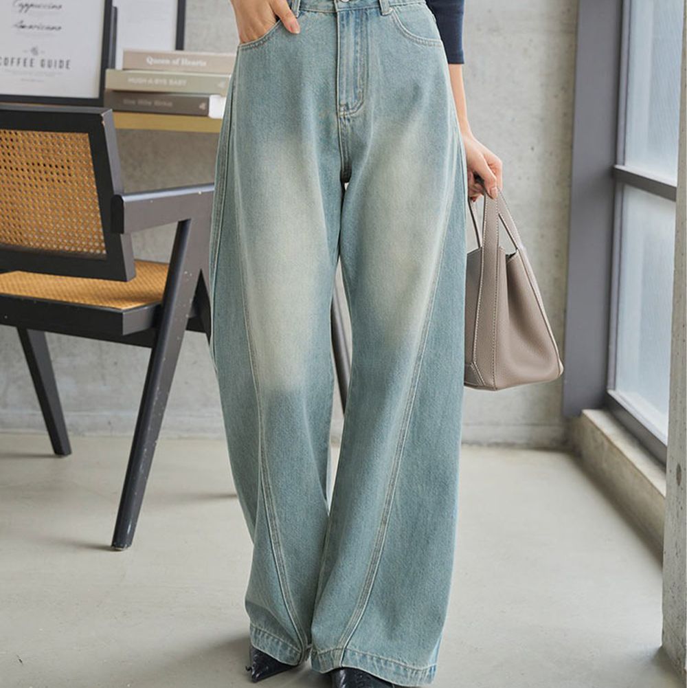 超顯瘦復古刷色立體喇叭牛仔褲-(可選長度)-淺藍