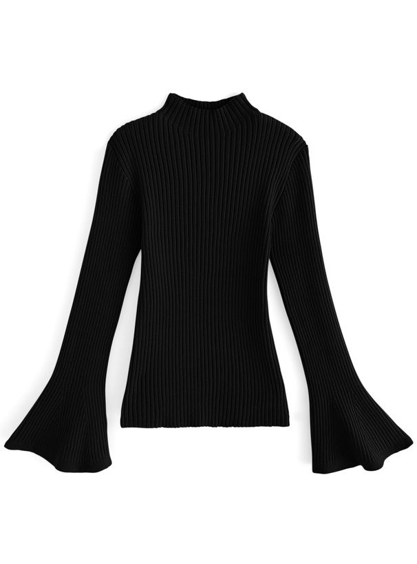 日本 GRL - 微喇叭袖彈性薄針織上衣-奶茶