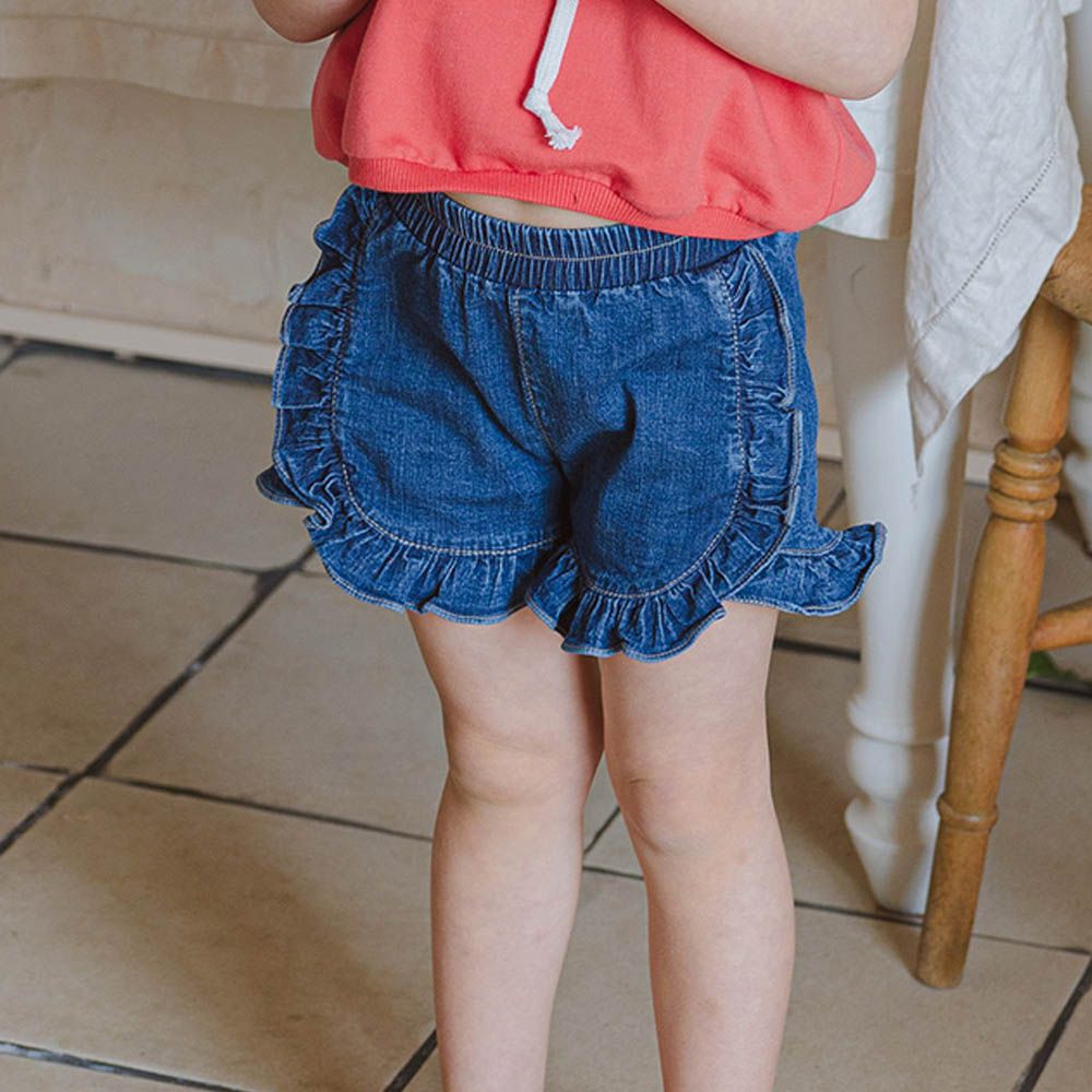 鬆緊腰荷葉邊點綴丹寧風短褲-深藍