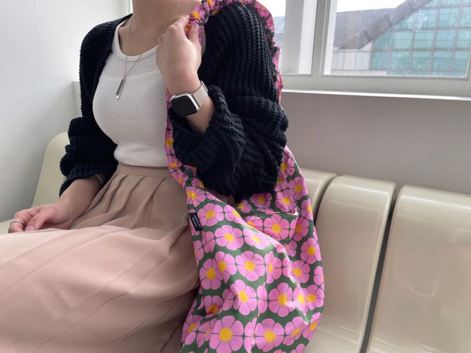 韓國 ARDERE - 花漾點綴環保肩背包/袋-桃花-綠 (44x38cm(帶長70cm))