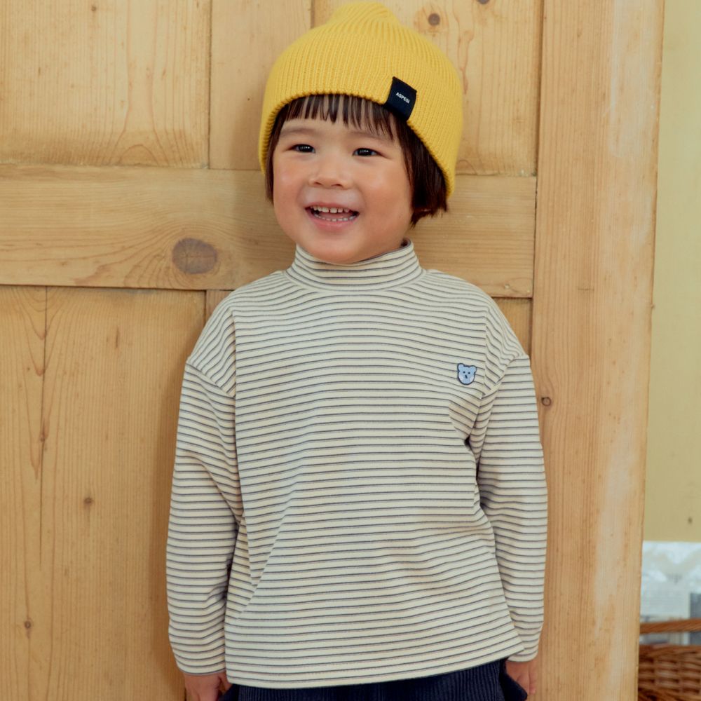 First Blue 小熊裝飾條紋彈力中領長袖上衣-米白