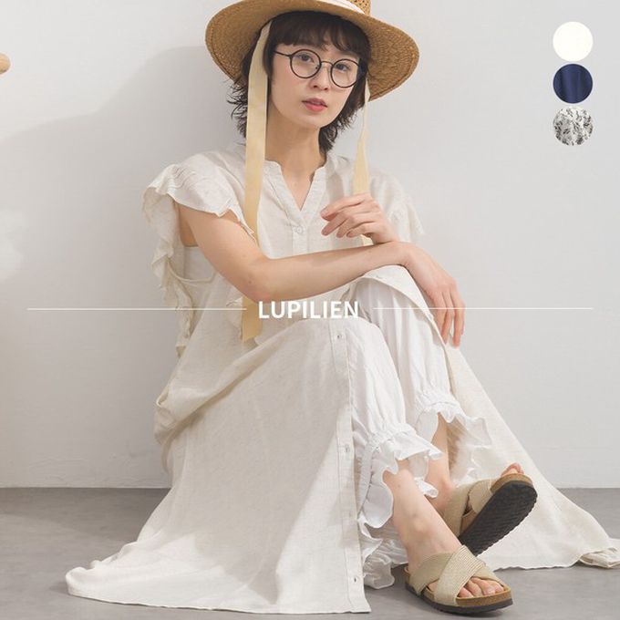 日本 Lupilien - 嫘縈混紡開襟柔軟荷葉短袖洋裝-自然白