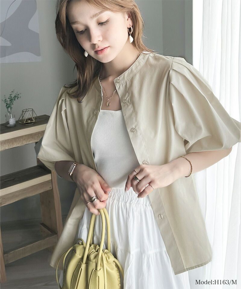 日本 Classical Elf - 氣質皺摺泡泡短袖襯衫-淺米杏