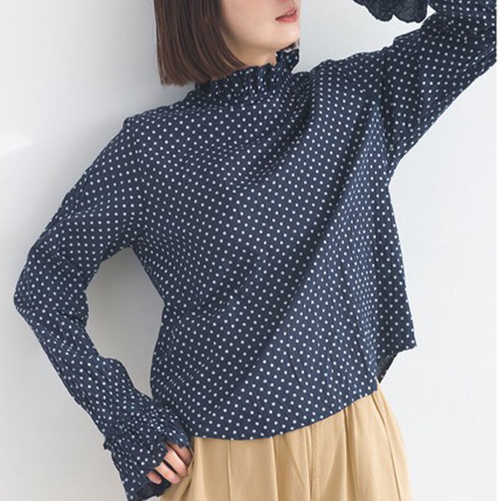 荷葉領輕盈皺摺長袖上衣(疊穿推薦)-海軍藍圓點