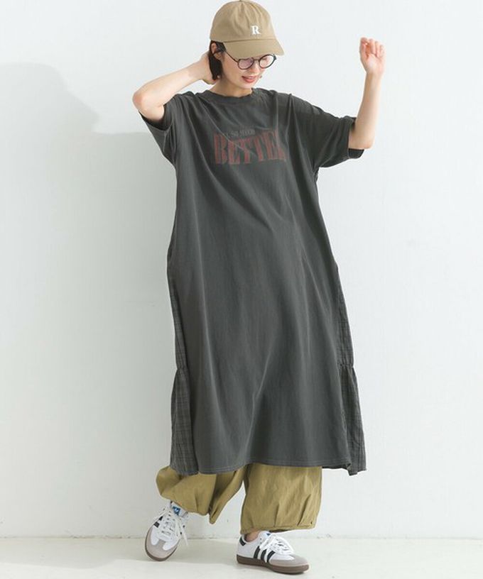 日本 Lupilien - 復古寬鬆格紋拼接短袖洋裝-BETTER-粉紅