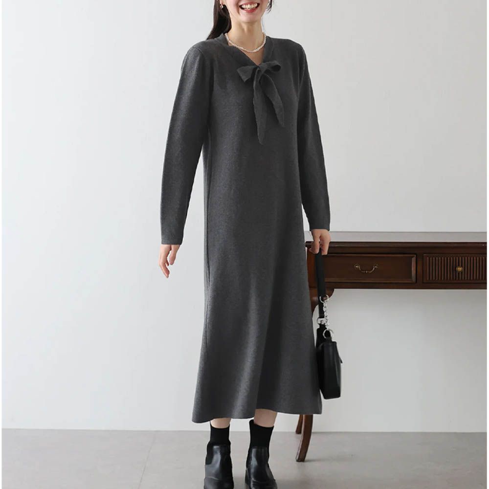 俐落領結氣質長袖針織洋裝-灰