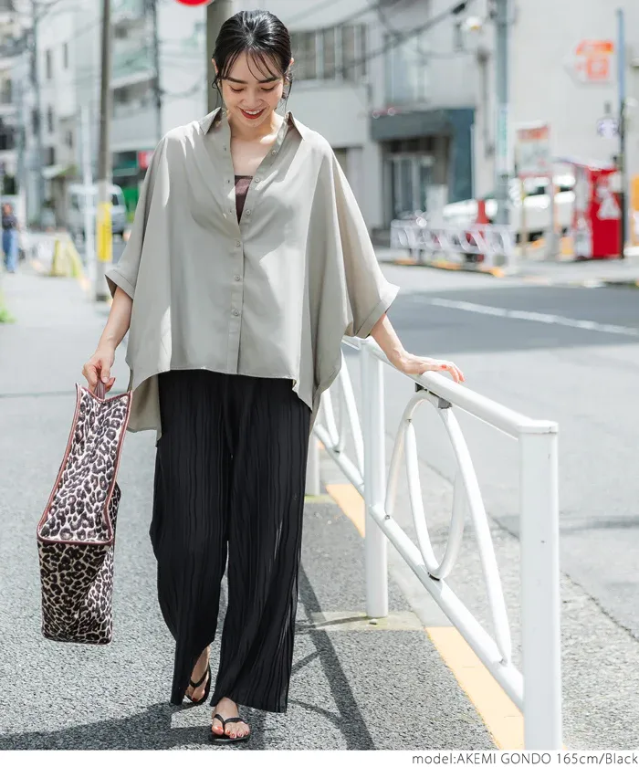 日本 COCA - [可剪裁] 百搭波浪紋垂墜寬褲-深灰