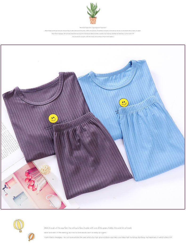 MAMDADKIDS - 螺紋短袖套裝/家居服-笑臉-藍色