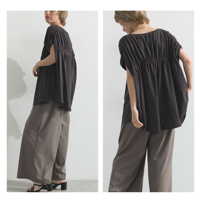 日本 le colis - 清爽天竺棉落肩皺摺短袖上衣-淺卡其