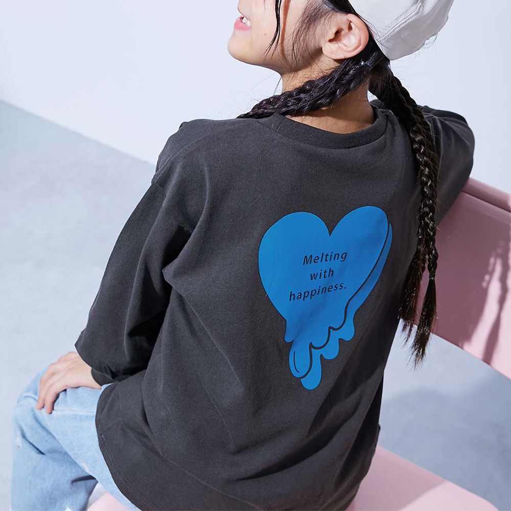 100%棉 女孩寬版長袖T恤-流心-炭黑