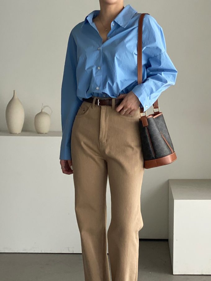 韓國女裝連線 - 知性背後抓褶翻領長袖襯衫-藍 (FREE)